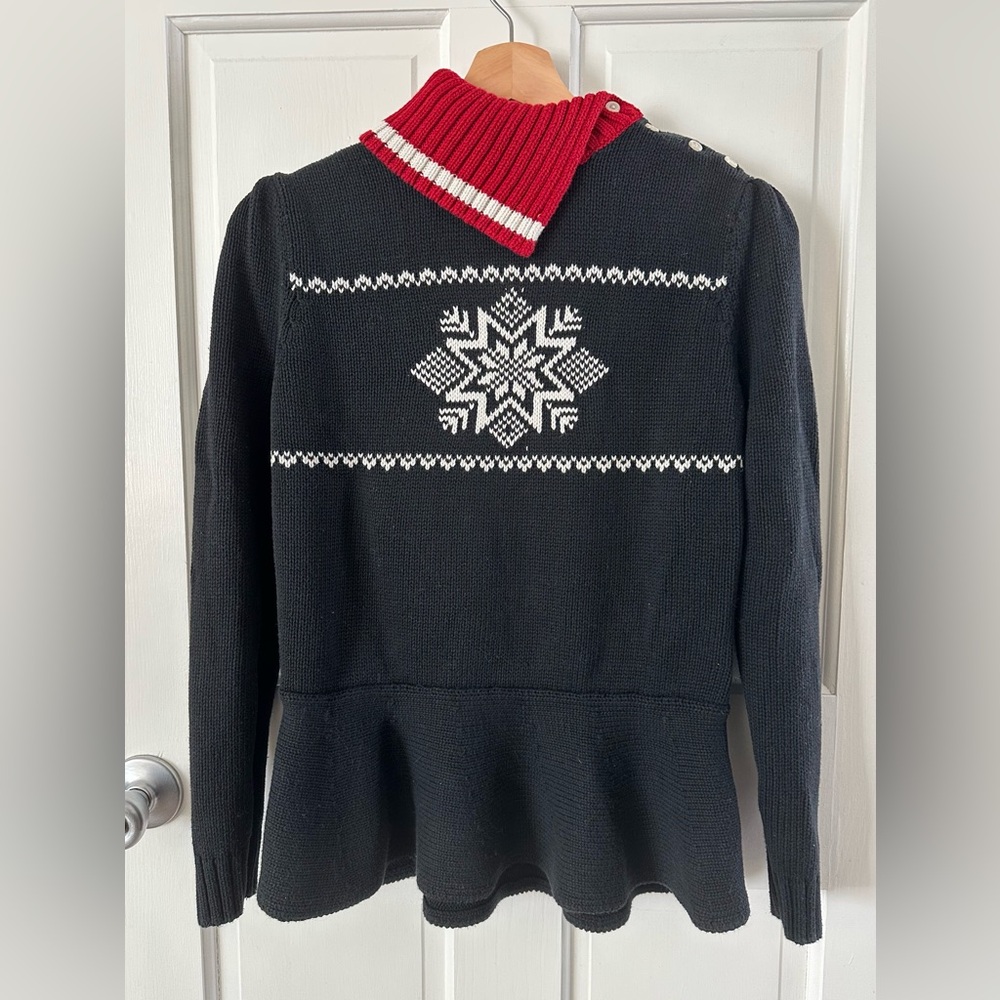 Vintage American Living Snowflake Peplum Sweater Black Red Button Collar Size M